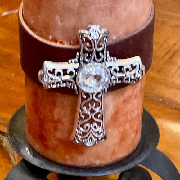 Caramel Colored Candle with Gorgeous Cross on Leather - Picture 2 of 3